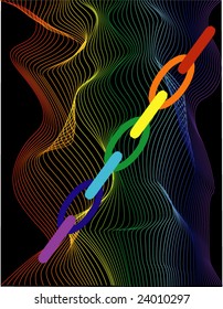vector illustration of color chain with color waves on black background