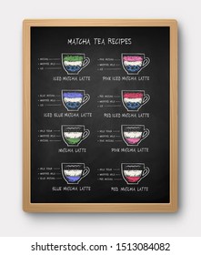 Vector illustration of color chalk drawn Iced Matcha tea recipes on chalkboard background with shadow isolated on white.