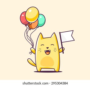 Vector illustration of color character cat with flag and balloons on yellow background. Hand draw line art design for web, site, advertising, banner, poster, board, print and card.  