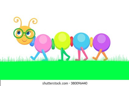 Vector illustration of color cheerful caterpillar going for a walk