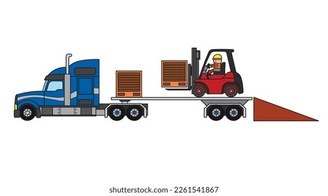 Vector illustration color children construction trailer truck with forklift and boxes
