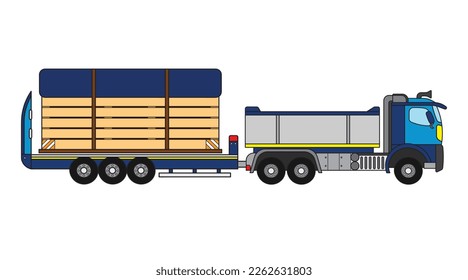 Vector illustration color children construction semi trailer truck with large wooden shipping crate clipart