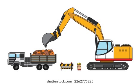 Vector illustration color children construction excavator crawler and dump truck carrying rocks clipart with construction worker