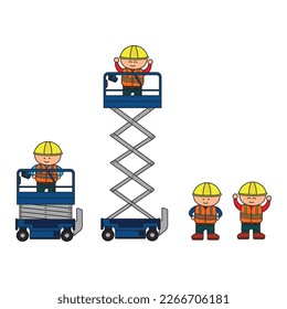 Vector illustration color children construction workers and mini scissor lift construction machine clipart