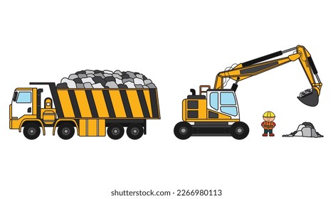 Lugar de construcción de niños de color de ilustración de vectores con camión de volcado de excavadoras que transportan rocas y clipart de obreros de construcción