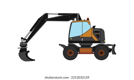 Vector illustration color children construction hydraulic rock breaker crawler excavator construction machine clipart