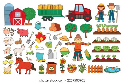 Vector illustration color children of Farming supplies and equipment with Farmers, barn, animals, and tractor. Farm concept with plants, fruits, vegetables and other organic products