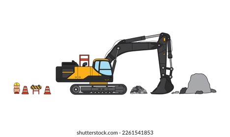 Vector illustration color children Heavy Machinery Excavator Construction Equipment with rocks and construction worker