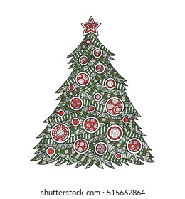 Vector illustration color coloring for adults Christmas tree coloring ink with Christmas balls. hand-drawing pattern ornament zentagle, happy new year holiday celebration in December merry xmas