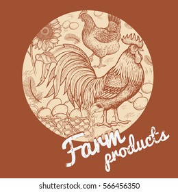 Vector illustration - color composition with circle poultry rooster and hen basket with eggs, flowers sunflowers, feathers. A series of farm animals. For store of farm products