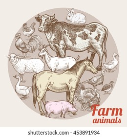 Vector illustration - color composition with various livestock, poultry and inscriptions.