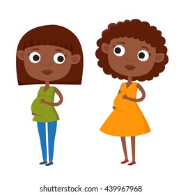 Vector illustration of color cute cartoon pregnant african american woman in casual clothes in various poses isolated on white. Curly woman in gold dress. Woman with haircut in jeans and green blouse.