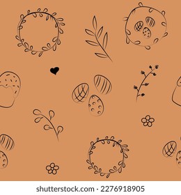 Ilustración vectorial. Color lindo patrón hecho a mano sin costura. Fondo festivo con símbolos lineales de doodle de Pascua. Diseño de postales, banners, textiles, papel pintado y otros productos promocionales.