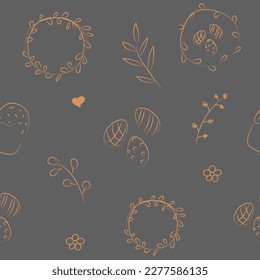 Vector illustration. Color cute hand drawn seamless pattern. Festive background with Easter doodle linear symbols. Design of postcards, banners, textiles, wallpapers and other promotional products.