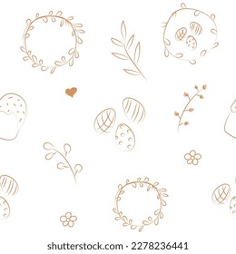 Vektorgrafik. Farbiges, handgezeichnetes, nahtloses Muster. Festlicher Hintergrund mit linearen Osterdoodle-Symbolen. Design von Postkarten, Bannern, Textilien, Bildschirmhintergründen und anderen Werbemitteln.