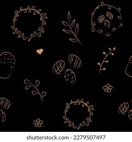 Vector illustration. Color cute hand drawn seamless pattern. Festive background with Easter doodle linear symbols. Design of postcards, banners, textiles, wallpapers and other promotional products.
