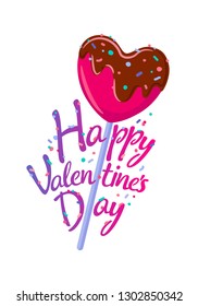 Vector illustration - color cute heart shaped lollipop, isolated on white background. Flat style vector design with letters, greeting card, print, web, site, banner, sticker, icon, Saint Valentine Day