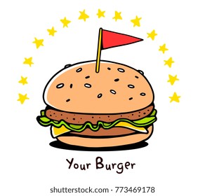Vector illustration of color delicious cheese burger with green lettuce, yellow cheese, meat, flag and stars. Creative street fast food on white background. Line art flat style design for web, banner