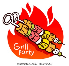Vector illustration of color delicious grill kebab with green olives, yellow cheese, meat, mushrooms. Creative picnic fast food on white background with text and fire. Line art flat style web design