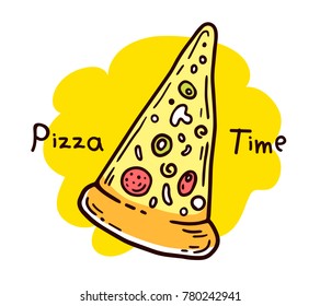 Vector illustration of color delicious piece of pizza with green olives, yellow cheese, meat, mushrooms. Creative street fast food on white background with text. Line art flat style design for web