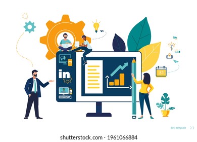 Vector illustration, color design. Creative teamwork. People are building a business project on the Internet website, work. The monitor screen is a construction site. Collective performance of tasks