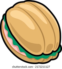 Vector illustration. Color drawing. Delicious Mexican torta made with telera bread, ham and lettuce. Clipart cartoon style.