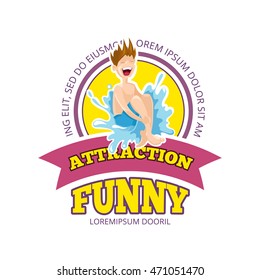 Vector illustration of color emblem with boy jumps in water. Funny Games on playground. Advertise label with place for your text. Picture isolate on white background. Playground Logo design