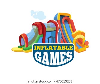 Vector illustration of color emblem with inflatable slides on playground. Advertise label with place for your text. Picture isolate on white background