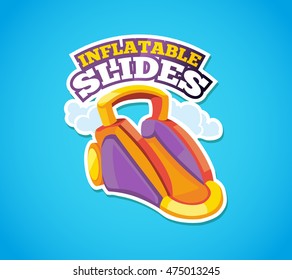 Vector illustration of color emblem inflatable slide on playground. Advertise label with place for your text. Picture isolate on blue background