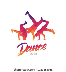 Vector illustration: Color emblem template for Dance Studio with hand lettering and silhouettes of break dancers
