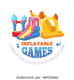 Vector illustration of color emblem with two inflatable slides on playground. Advertise label with place for your text. Picture isolate on white background