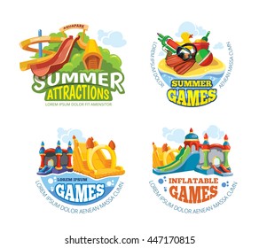 Vector illustration of color emblems with toys for summer games on playground. Aquapark Advertise labels with place for your text. Pictures isolate on white background