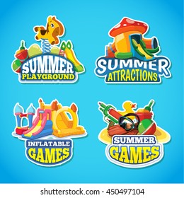 Vector illustration of color emblems with toys for summer games on inflatable playground. Advertise labels with place for your text. Pictures isolate on blue background