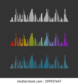 Vector illustration color equalizer set isolated on black background. White, blue and rainbow