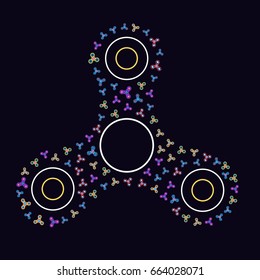 Vector illustration of color fidget spinner consists of many small objects. Creative concept of toy for stress relief on black background. Toy for improvement of attention span. Design of hand spinner