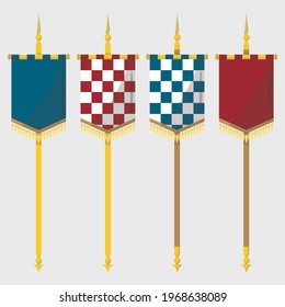 Vector illustration of a color flag hanging from a golden pole on a white background.  Sign of nobility. Banner with empty space. Banner in the medieval style
