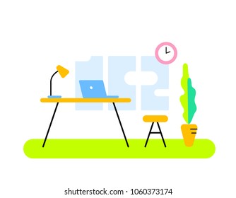 Vector illustration of color front view interior home office room workspace. Flat style design of abstract workplace, office department for web, banner, flat interior