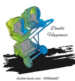 Vector Illustration Of Color Full Double Twin Stroller, Carriage, Pram. Baby Transport For Twins With Text. Logo Element For Design.