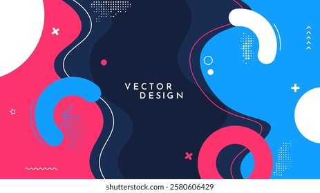 Vector illustration. Color fun background with geometric shapes. Memphis pattern, halftone dots and semi circle shapes. Design for web banner, panoramic wallpaper, horizontal template