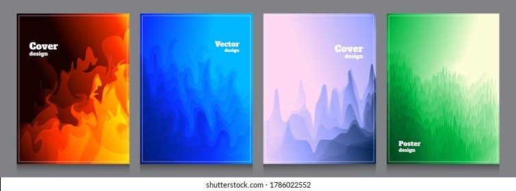 Vector illustration. Color gradient background set. Blue underwater concept, fire, forest scene with sunlight, sunset hills. Abstract wallpaper collection. Design for poster, book cover, brochure