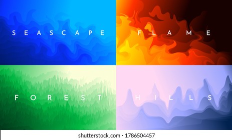 Vector illustration. Color gradient background set. Blue underwater concept, fire, forest scene with sunlight, sunset hills. Abstract wallpaper collection. Design for website template, banner, poster