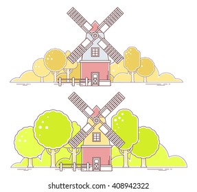 Vector illustration of color gray and red  windmill with autumn yellow and green spring rural forest on white background.Agribusiness.Thin line art flat design of mill for farming web,agricultural app