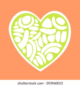 Vector illustration of the color green mosaic heart on the orange background. Colorful illustration for St Valentines Day, greeting cards, wrapping paper, design, web design, fabric, textile, fashion.