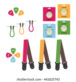 Vector illustration of color guitar equipments: set of stripe, strings, picks, jack cable on white background