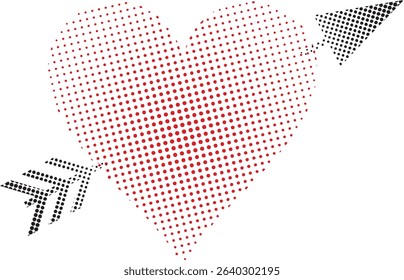 vector illustration of color halftone gradient red heart pierced by black arrow, love, broken heart polka dots concept	