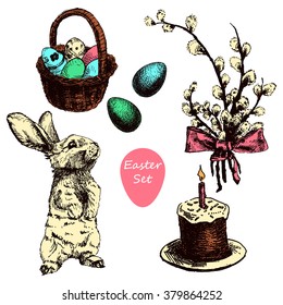 Vector Illustration of Color Happy Easter Hand Drawn Set for Design, Website, Background, Banner. Ink Rabbit, egg, willow and cake Holiday Element Template