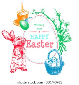 Vector Illustration of Color Happy Easter Hand Drawn Set for Design, Website, Background, Banner. Ink Rabbit, egg, willow and cake Holiday Element Template