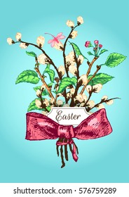 Vector Illustration of Color Happy Easter Hand Drawn Set for Design, Website, Background, Banner. Ink willow and Holiday Element Template