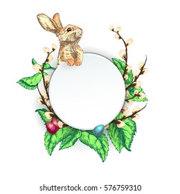 Vector Illustration of Color Happy Easter Hand Drawn Set for Design, Website, Background, Banner. Ink Rabbit, egg, willow and Holiday Element 