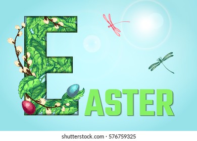Vector Illustration of Color Happy Easter Hand Drawn Set for Design, Website, Background, Banner. Ink egg, willow and Holiday Element Template